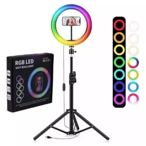FLASH ARO DE LUZ LED 26 CM RGB SELFIE REGULADOR INTENSIDAD Y COLOR CON TRIPODE EXTENSIBLE 2.1 METROS