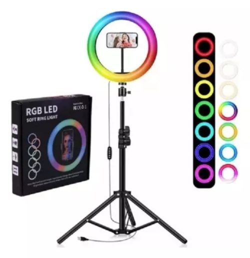 FLASH ARO DE LUZ LED 26 CM RGB SELFIE REGULADOR INTENSIDAD Y COLOR CON TRIPODE EXTENSIBLE 2.1 METROS