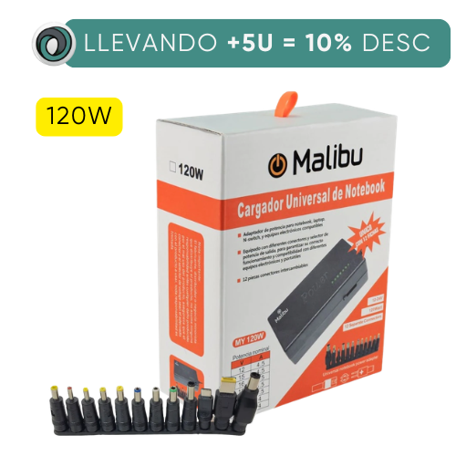 FUENTE CARGADOR NOTEBOOK MALIBÚ UNIVERSAL 12 PINES INTERCAMBIABLES  (120w)