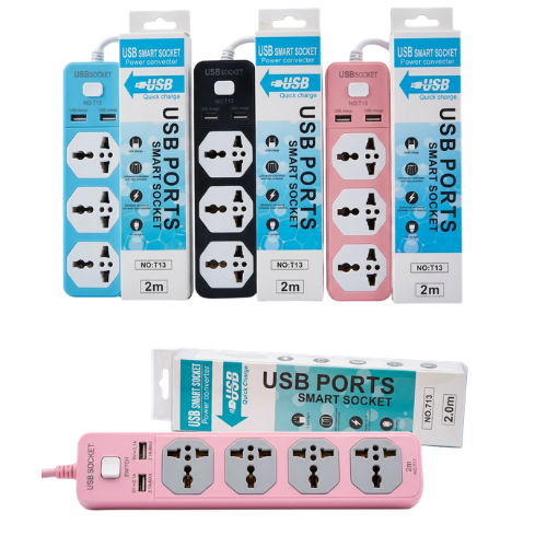 ZAPATILLA 2 USB CARGA Y 3 TOMAS ELECTRICOS CABLE 2 METROS T13 2500W MAX
