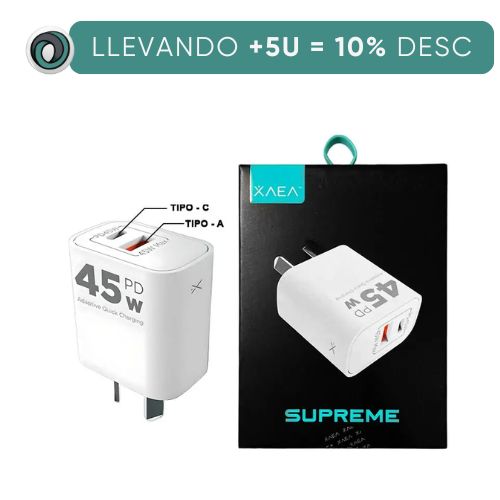 CARGADOR CABEZAL CELULAR 5A 45W USB Y USB TIPO C CARGA RAPIDA PD ONLY MOD504 SUPREME