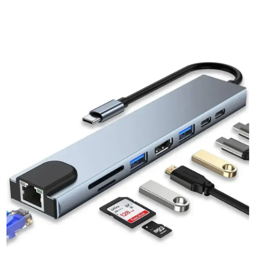 HUB USB TIPO C ADAPTADOR 8 EN 1  A USB TIPO C + PD + RJ45 LAN + MICRO SD + SD + HDMI 4K+ USB 3.0X2