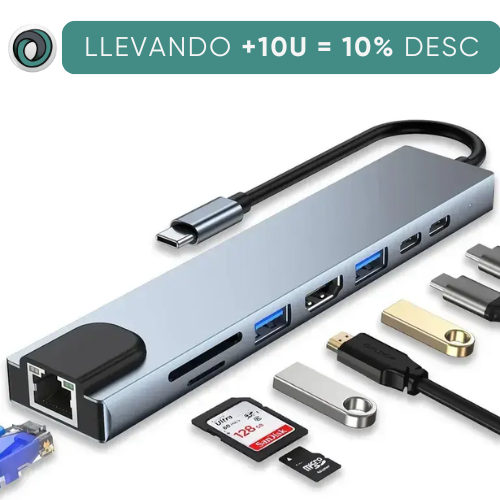 HUB USB TIPO C ADAPTADOR 8 EN 1 A USB TIPO C + PD + RJ45 LAN + MICRO SD + SD + HDMI 4K+ USB 3.0X2