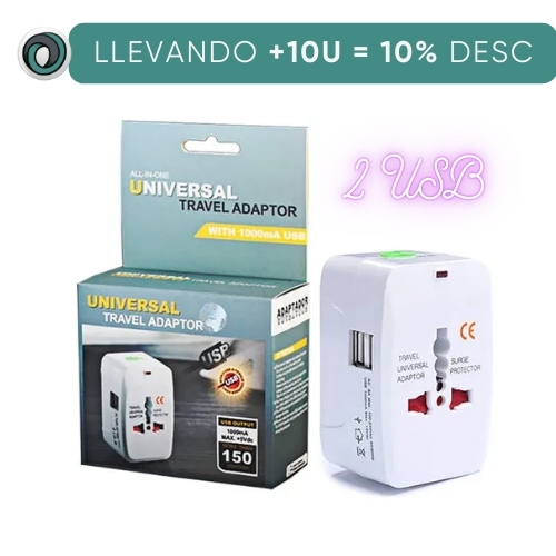 ADAPTADOR INTERNACIONAL MUNDIAL VIAJERO UNIVERSAL MULTIENCHUFES ELECTRICO CON 2 USB