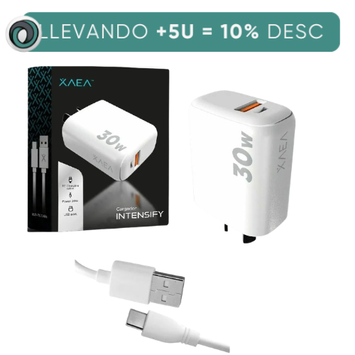 CARGADOR CELULAR CABEZAL 30W 5A USB Y USB TIPO C HEMBRA CON CABLE DESMONTABLE USB C XAEA ONLY