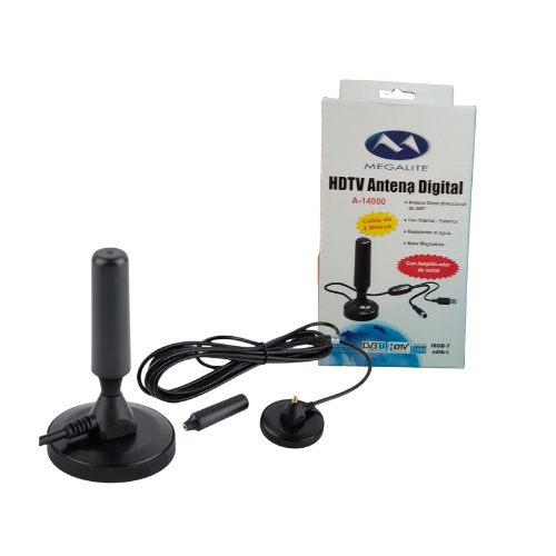 ANTENA TDA TV DIGITAL HDTV PARA INTERIOR EXTERIOR A14000 MEGALITE RESISTENTE AL ALGUA BASE MAGNETICA CON AMPLIFICADOR DE SEÑAL