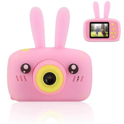 CAMARA FOTO 12MP 2" ROSA DIGITAL INFANTIL CON FUNDA ROSA SILICONA RECARGABLE CONEJO CON CORREA 1080P