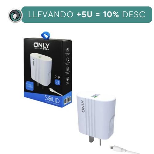 CARGADOR CABEZAL USB 2.1 + CABLE V8 MICRO USB ONLY SOLID BLANCO