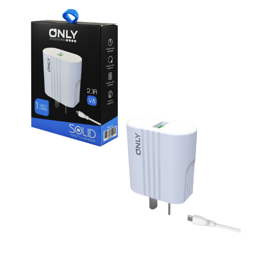 CARGADOR CABEZAL USB 2.1 + CABLE V8 MICRO USB ONLY SOLID BLANCO