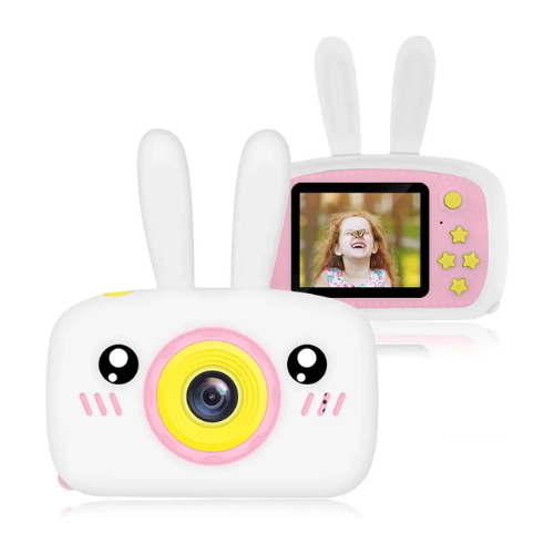 CAMARA FOTO 12MP 2" ROSA DIGITAL INFANTIL CON FUNDA BLANCA SILICONA RECARGABLE CONEJO CON CORREA 1080P