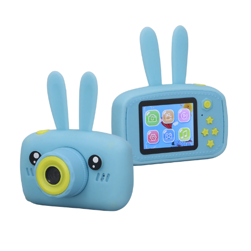 CAMARA FOTO 12MP 2" CELESTE DIGITAL INFANTIL CON FUNDA CELESTE SILICONA RECARGABLE CONEJO CON CORREA 1080P