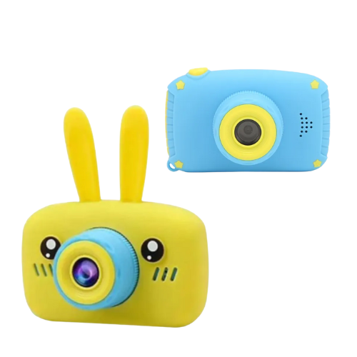 CAMARA FOTO 12MP 2" CELESTE DIGITAL INFANTIL CON FUNDA AMARILLA SILICONA RECARGABLE CONEJO CON CORREA 1080P