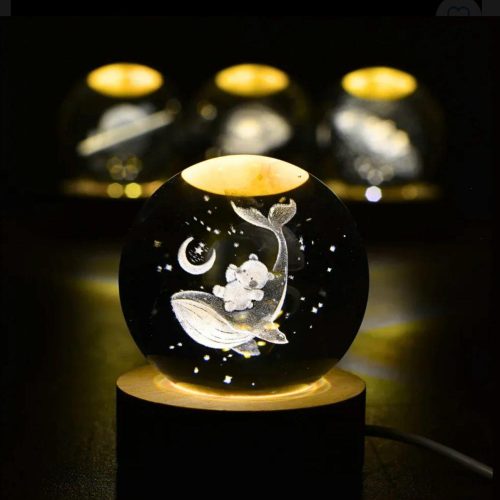 VELADOR LAMPARA ESFERA 3D DE CRISTAL BALLENA Y OSITO CRISTAL 031-4005
