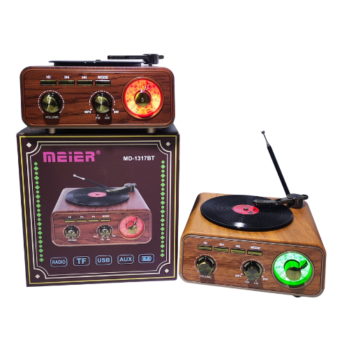RADIO PORTATIL RETRO AM/FM BLUETOOTH USB MICRO SD ENTRADA AUX MEIER TOCADISCO LUCES