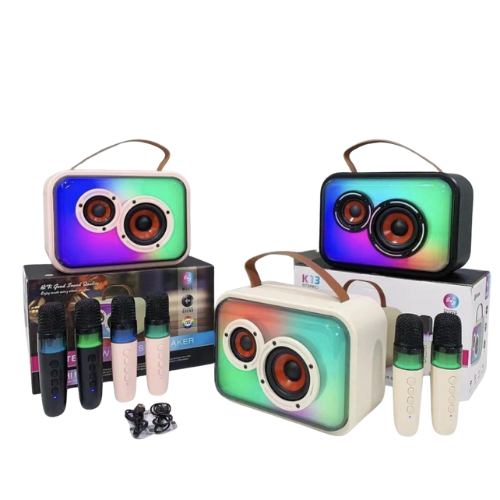 PARLANTE CON 2 MICROFONO FM/TF/USB AUX COLOR KARAOKE SISTEMA DE SONIDO 20W BATERIA
