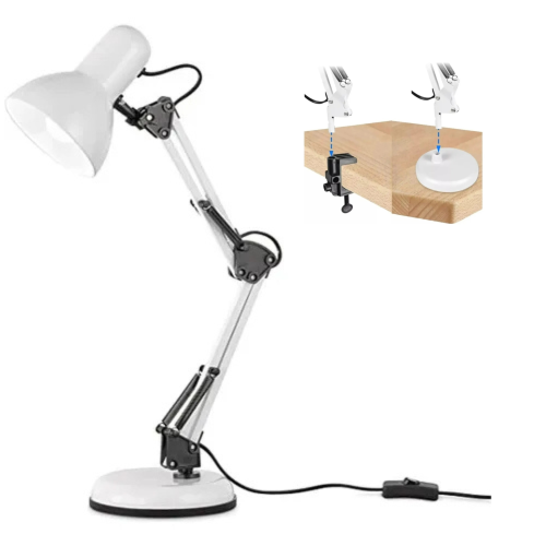 LAMPARA DE MESA CON BRAZO LARGO DE METAL LUZ VELADOR BASE O GANCHO BLANCA ONICA