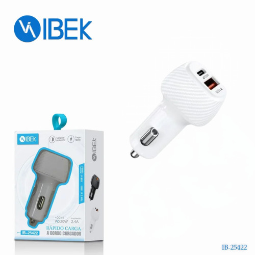 CARGADOR 12V 2.4A USB 3.0 TIPO C 20W IBEK BLANCO 1 PUERTO USB Y 1 PUERTO USB C