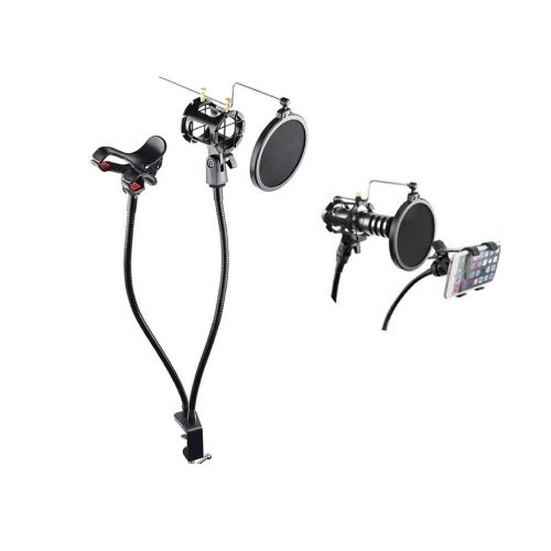 SOPORTE MESA KIT FLEXIBLE DOBLE PINZA DE AGARRE PARA CELULAR + SOPORTE MICROFONO CON FILTRO SA13 SKYWAY