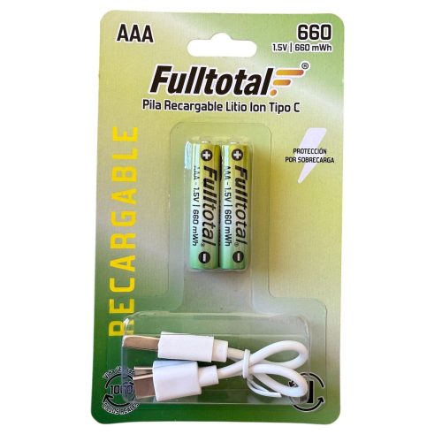 PACK 2 PILAS RECARGABLES `AAA` CABLE CARGADOR INCORPORADO TIPO C FULLTOTAL 660MAH PRECARGADAS LITIO ION