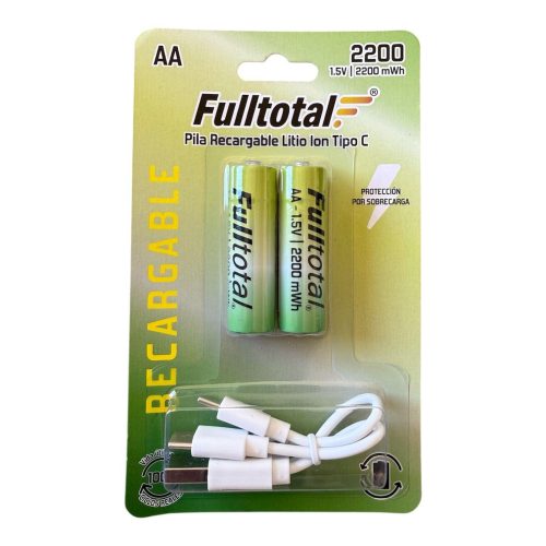 PACK 2 PILAS RECARGABLES `AA` CABLE CARGADOR INCORPORADO TIPO C FULLTOTAL 2200MAH PRECARGADAS LITIO ION