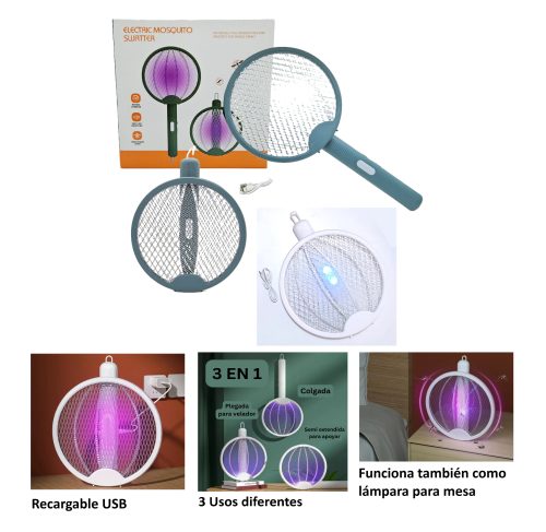 RAQUETA PALETA MATA MOSQUITO INSECTOS RECARGABLE PLEGABLE LUZ INDICADOR SIN BASE COLORES