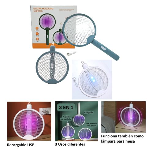 RAQUETA PALETA MATA MOSQUITO INSECTOS RECARGABLE PLEGABLE LUZ INDICADOR SIN BASE COLORES