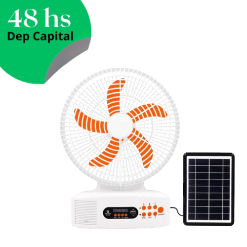 VENTILADOR 12" PLG CON PARLANTE BLUETOOTH- USB- SD / PANEL SOLAR/ 220V / SALIDA USB PARA CARGAR EL CELULAER 48HS CAPITAL