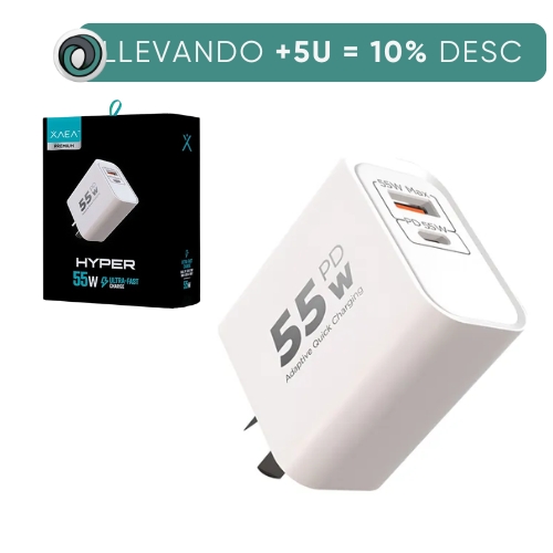 CARGADOR CABEZAL CELULAR 5.4A 55W USB Y USB TIPO C CARGA RAPIDA HYPER XAEA PREMIUM
