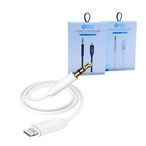 CABLE ADAPTADOR IPHONE LIGHTNING A PLUG 3.5 MACHO AUXILIAR 1MTS IBEK BLANCO / NEGRO