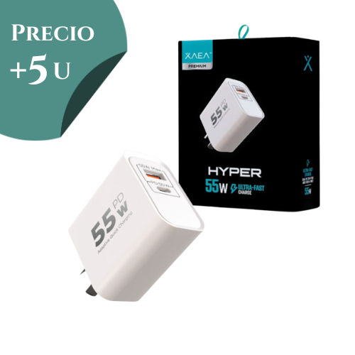 CARGADOR CABEZAL CELULAR 5.4A 55W USB Y USB TIPO C CARGA RAPIDA HYPER XAEA PREMIUM *** PRECIO COMPRANDO + 5 UNIDADES ***