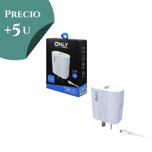 CARGADOR CABEZAL USB 2.1 + CABLE V8 MICRO USB ONLY SOLID BLANCO *** PRECIO COMPRANDO +5 UNIDADES ***