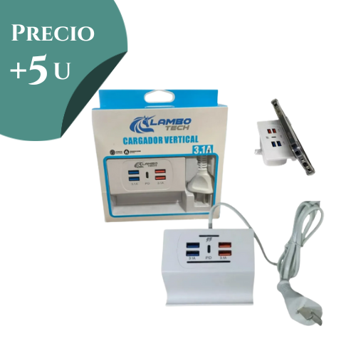HUB USB CON ALIMENTACION 220V DOCK DE CARGA 4 USB 3.1 AMP Y TIPO C PD CON SOPORTE CELU LAMBO TECH *** PRECIO COMPRANDO +5 UNIDADES ***