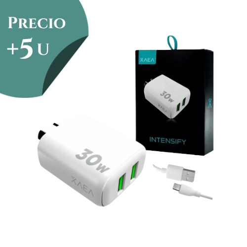 CARGADOR CABEZAL CELULAR 5A 30W 2 USB + CABLE DESMONTABLE USB C XAEA ONLY INTENSIFY MODO-A015 *** PRECIO COMPRANDO + 5 UNIDADES ***