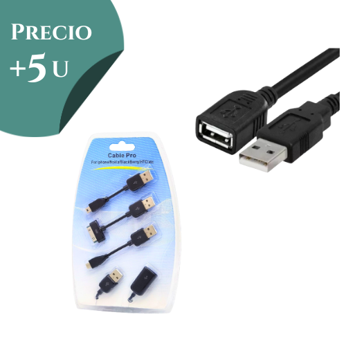 CABLE PROLONGADOR ALARGUE USB MACHO HEMBRA 1MTS INCLUYE ADAPTADORES MACHO: USB MINI / USB MICRO / DOCK 30 PINES *** PRECIO COMPRANDO + 5 UNIDADES ***