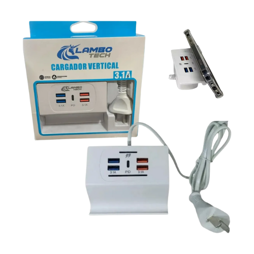 HUB USB CON ALIMENTACION 220V DOCK DE CARGA 4 USB 3.1 AMP Y TIPO C PD CON SOPORTE CELU LAMBO TECH