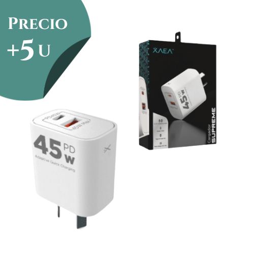 CARGADOR CABEZAL CELULAR 5A 45W USB Y USB TIPO C CARGA RAPIDA PD ONLY MOD504 SUPREME *** PRECIO COMPRANDO + 5 UNIDADES***