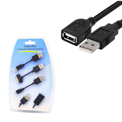 CABLE PROLONGADOR ALARGUE USB MACHO HEMBRA 1MTS INCLUYE ADAPTADORES MACHO: USB MINI / USB MICRO / DOCK 30 PINES