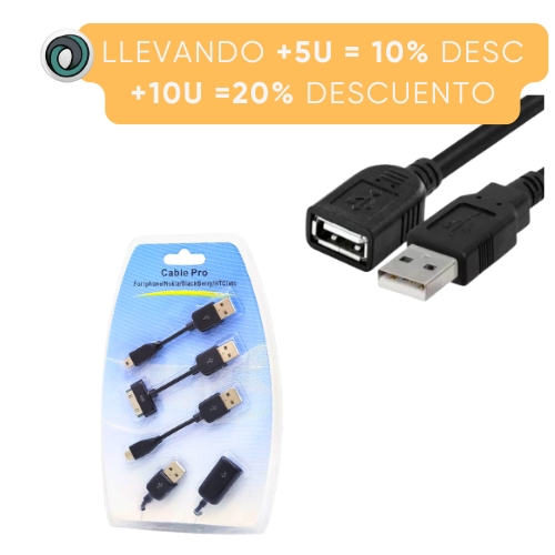 CABLE PROLONGADOR ALARGUE USB MACHO HEMBRA 1MTS INCLUYE ADAPTADORES MACHO: USB MINI / USB MICRO / DOCK 30 PINES