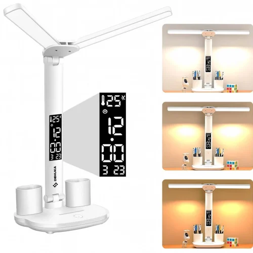 LAMPARA LED DE MESA ESCRITORIO CON RELOJ LED Y TEMPERATURA  LUZ AJUSTABLE 3 TONO BATERIA 2000MAH RECARGABLE USB