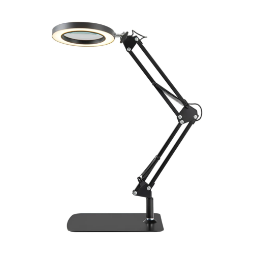 LAMPARA DE MESA CON BRAZO LARGO DE METAL CON LUPA 5X LUZ LED BLANCO/FRIO/NATURAL USB DEHUKA COLOR NEGRO