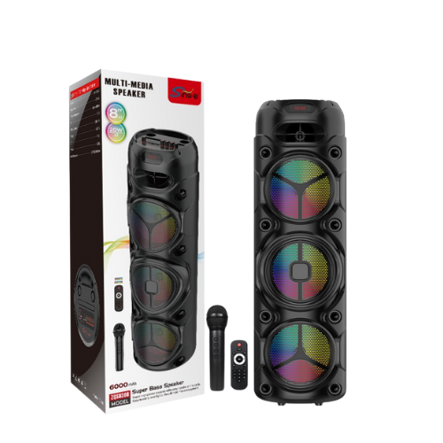 PARLANTE TORRE BLUETOOTH PORTATIL 8"X3 20X3W EFECTO LUCES RECARGABLE 6000MAH + MIC CONTROL REM