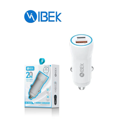 CARGADOR 12V 2.4A USB 2.0 TIPO C 20W IBEK BLANCO 1 PUERTO USB Y 1 PUERTO USB C