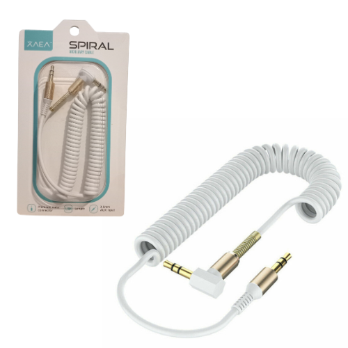 CABLE PLUG 3.5 A PLUG 3.5 ESPIRALADO 1.8MTS BLANCO XAEA CONECTOR L EN BLISTER