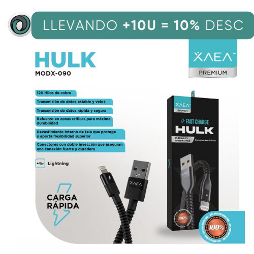 CABLE USB A IPHONE LIGHTNING CARGA RAPIDA 1 MTS HULK XAEA PREMIUM
