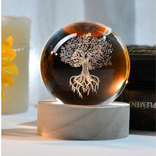 VELADOR LAMPARA ESFERA 3D DE CRISTAL ARBOL DE LA VIDA LUCES DE CRISTAL