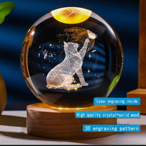 VELADOR LAMPARA ESFERA 3D DE CRISTAL GATITO SOÑADOR LUCES DE CRISTAL