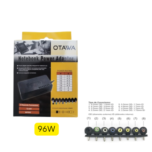 FUENTE CARGADOR NOTEBOOK 8 PINES INTERCAMBIABLES OTAWA 12V 4.5A-24V 4A 96W