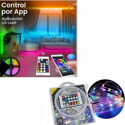 TIRA DE LED COLOR RGB 10MTS CON BLUETOOTH Y CONTROL REMOTO USB Y APP PARA PERSONALIZAR COLORES Y EFECTOS DECORACION