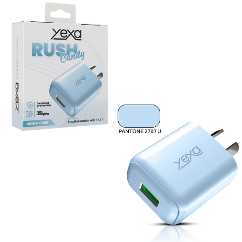 CARGADOR CABEZAL CELULAR 1 USB HEMBRA CARGA RAPIDA 4.8A YEXA RUSH CANDY CELESTE