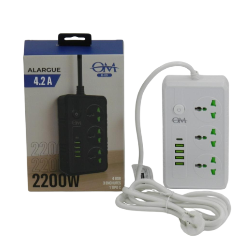 ZAPATILLA ELECTRICA 3 TOMAS 4 PUERTOS USB Y 1 ENTRADA TIPO C 2200W 4.2A 1.80 MTSBLANCA